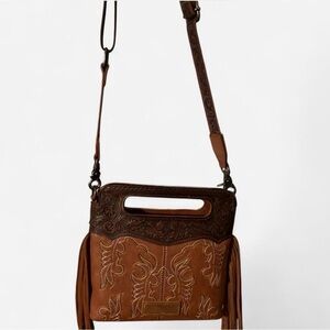 Wrangler Brown Leather Crossbody Bag with Embroidery